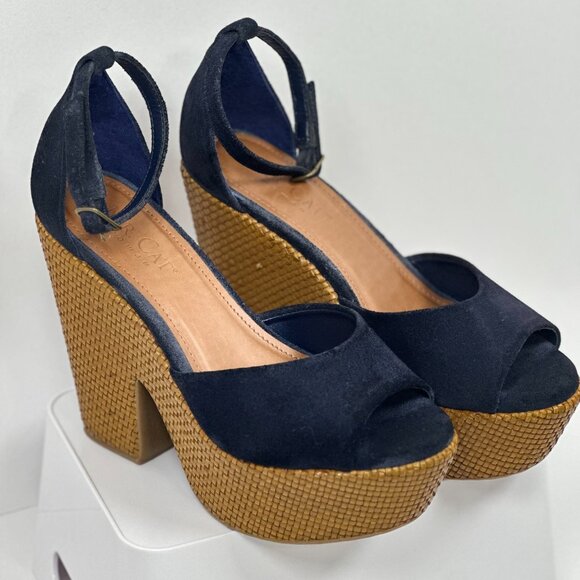 Mr. Cat Peep Toe Suede Sandals Wedge High Heels Woven Platform Shoes Size 6 - Picture 1 of 16